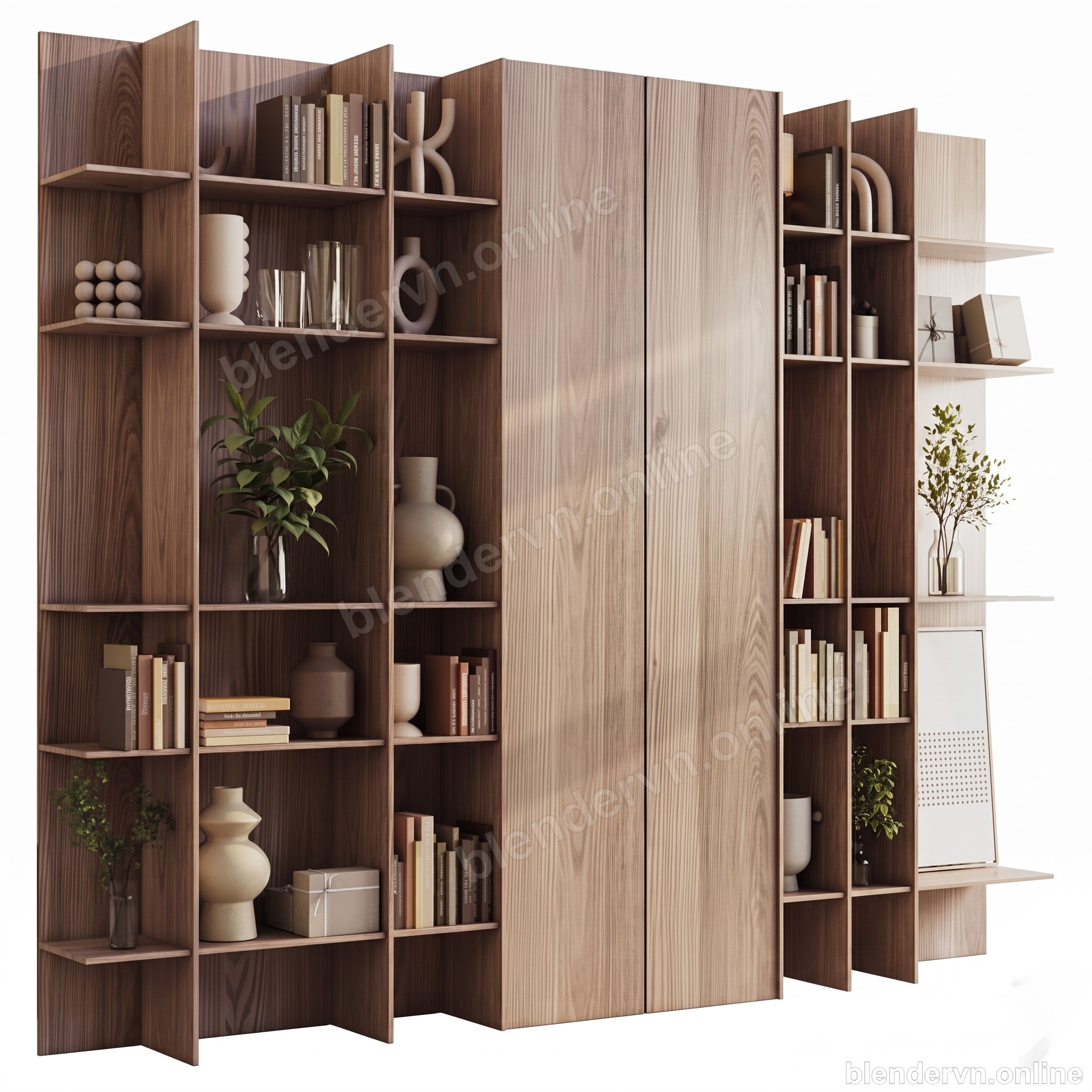 Modern Wooden Bookshelf with Decor