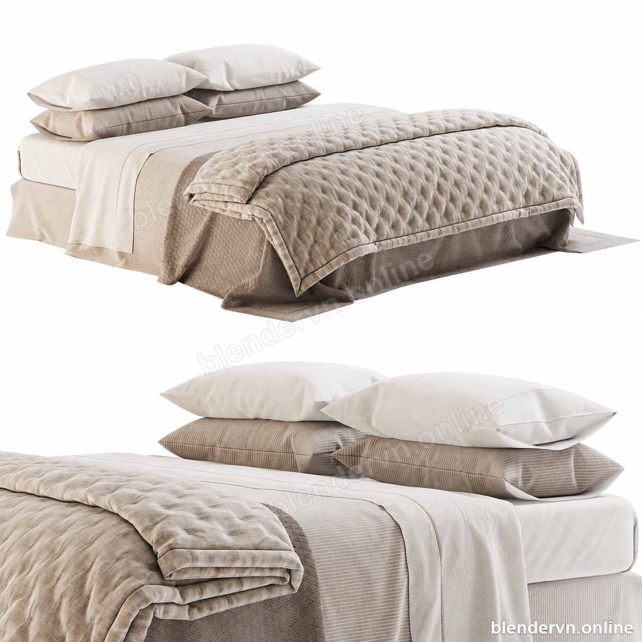 Model 3D Nội thất Linen Bedding with Quilted Plaid cho Blender archviz — file .blend, vật liệu PBR Cycles