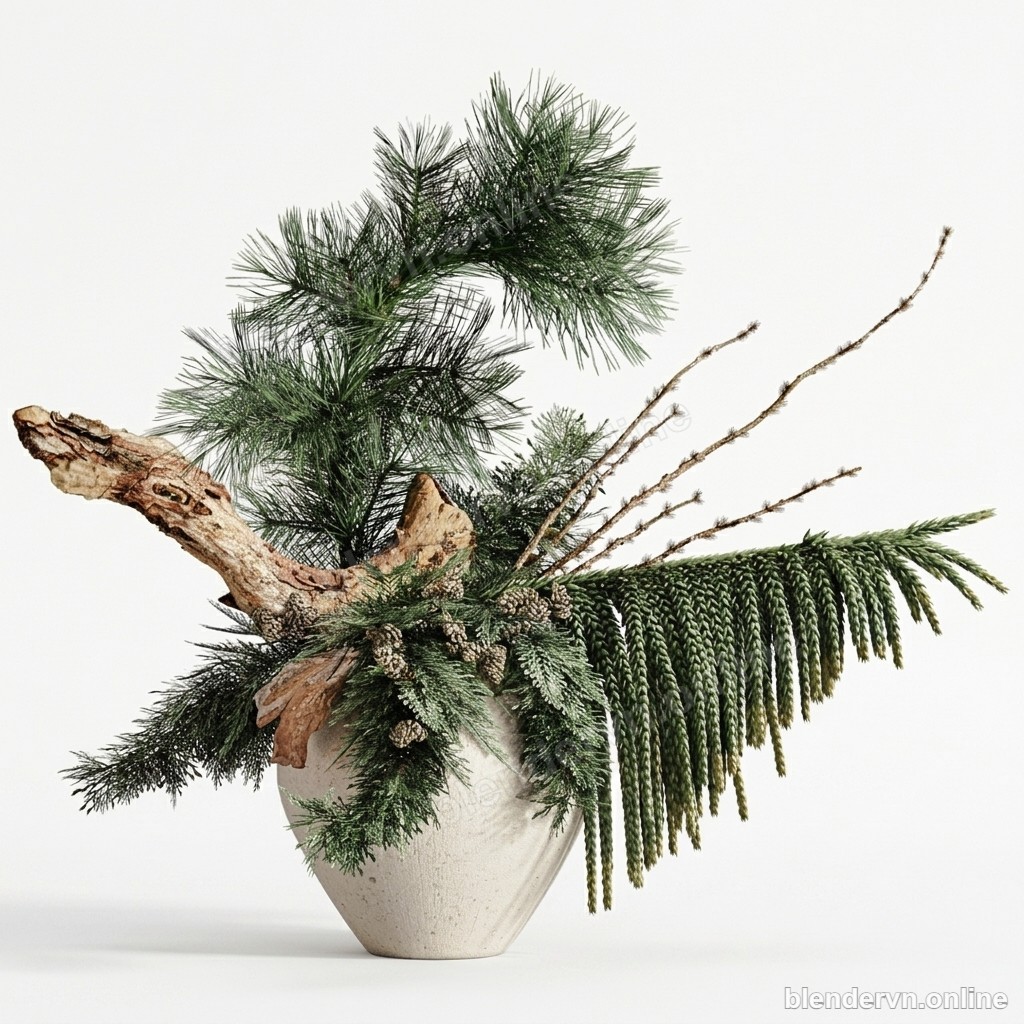 Modern Silver Vase with Pine Branch