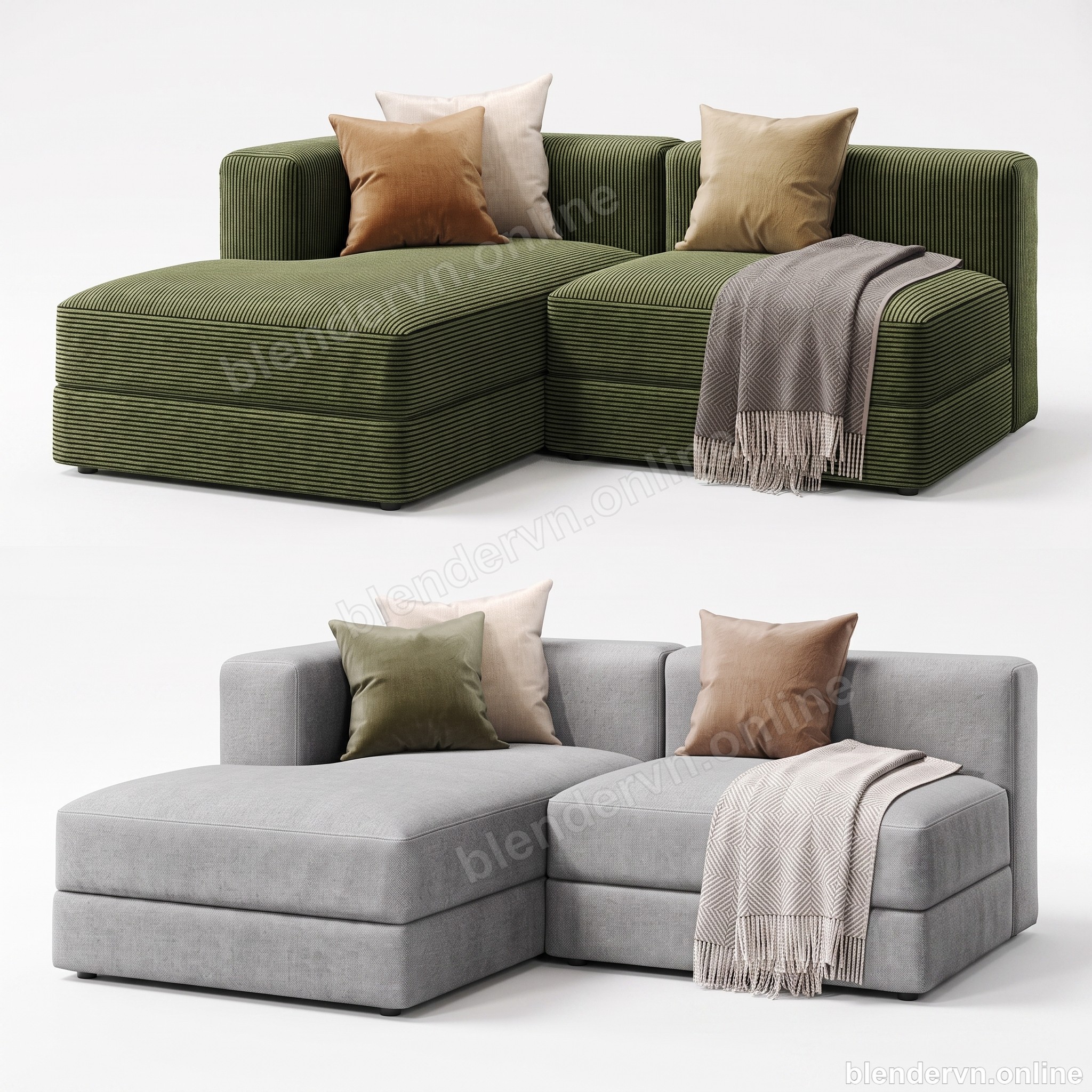 Modern Green Couch Set with Ottomans
