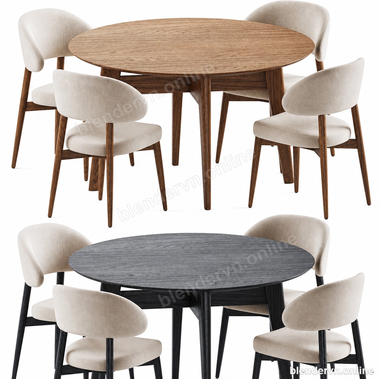 Model 3D Nội thất Homary Round Wooden Dining Set with 4 Upholstered Chairs cho Blender archviz — file .blend, vật liệu PBR Cycles