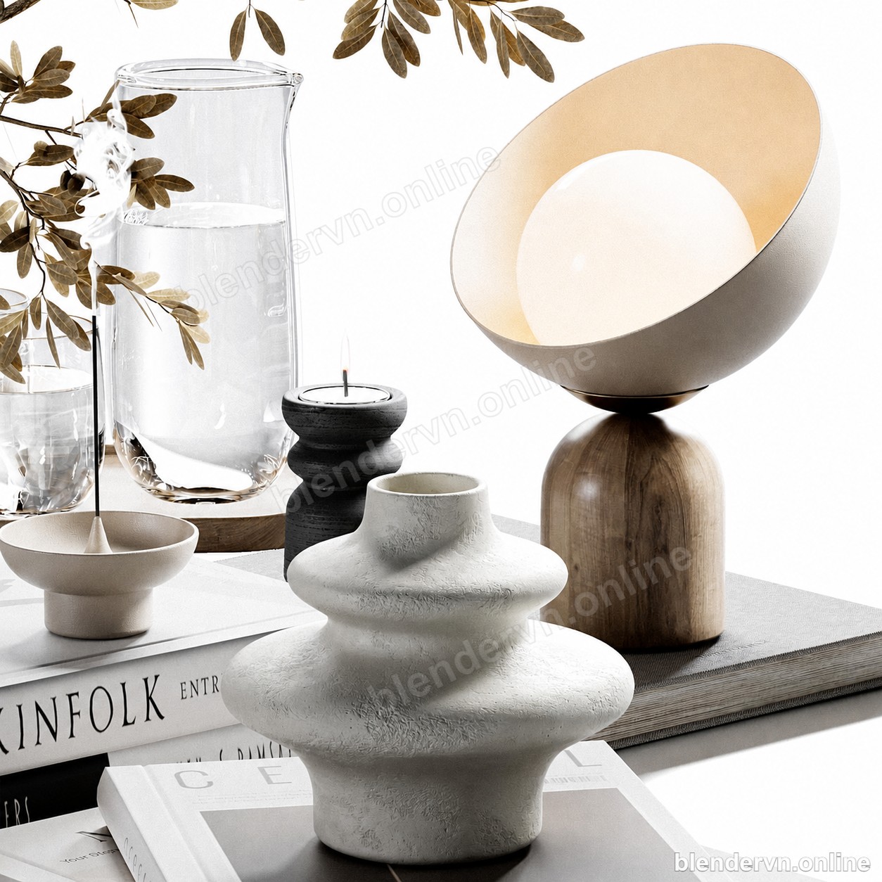 Model 3D Trang trí Organic Earth-Tone Tabletop Decor Set cho Blender archviz — file .blend, vật liệu PBR Cycles (góc nhìn 3)