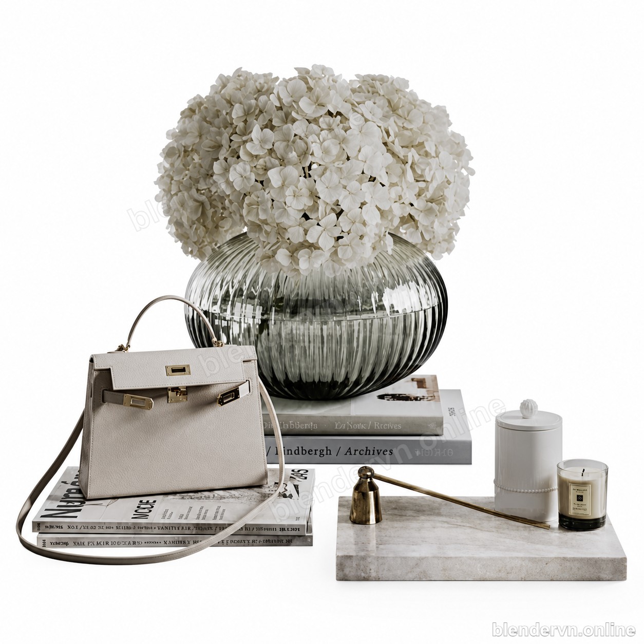 Smoky Glass & Hydrangea Decor