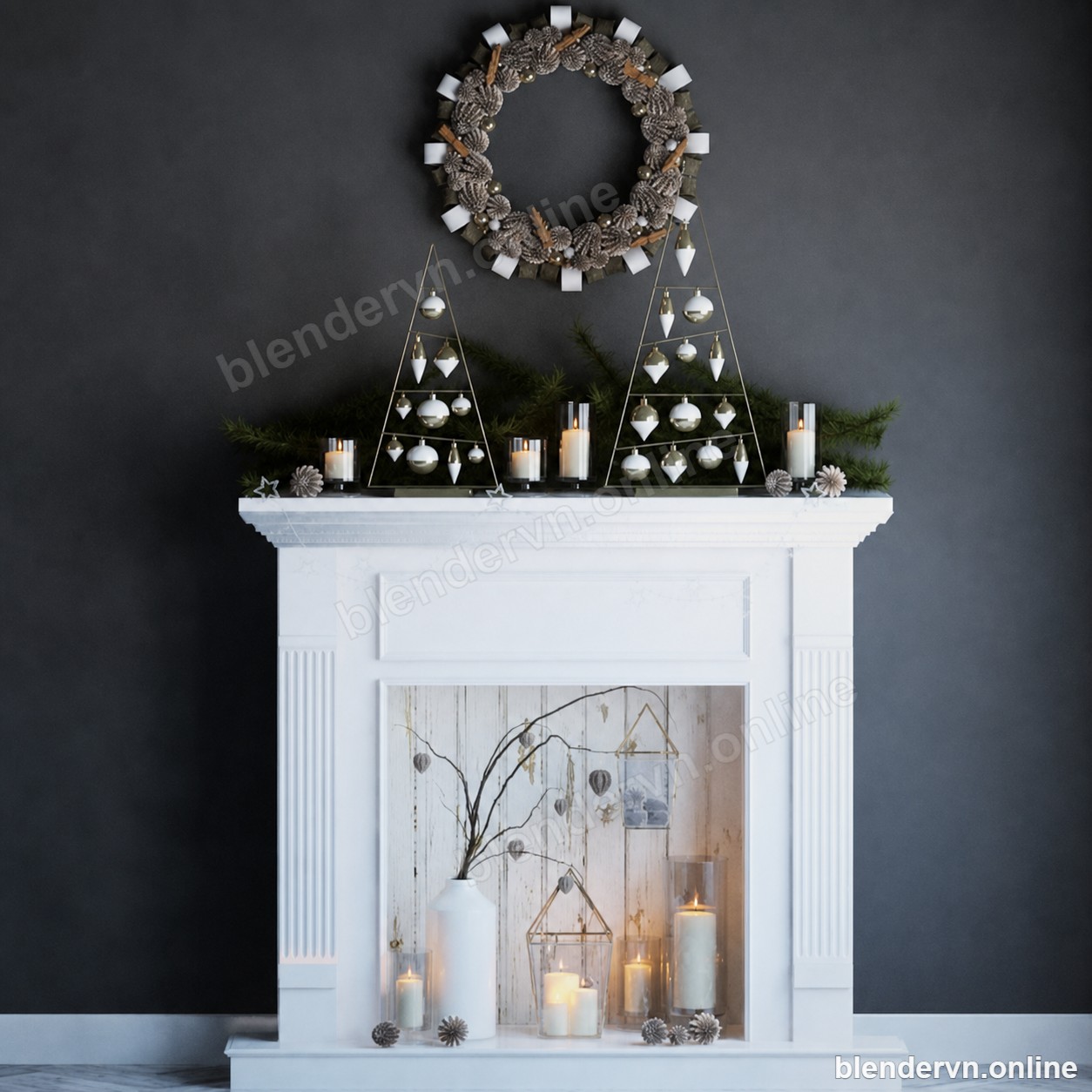 Rustic White Fireplace Mantel Decor Set